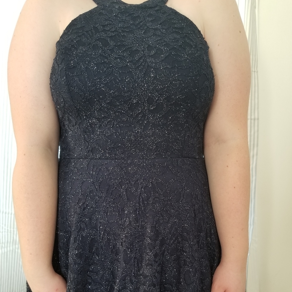 Navy Blue Sparkly Halter Fit N Flare Dress
